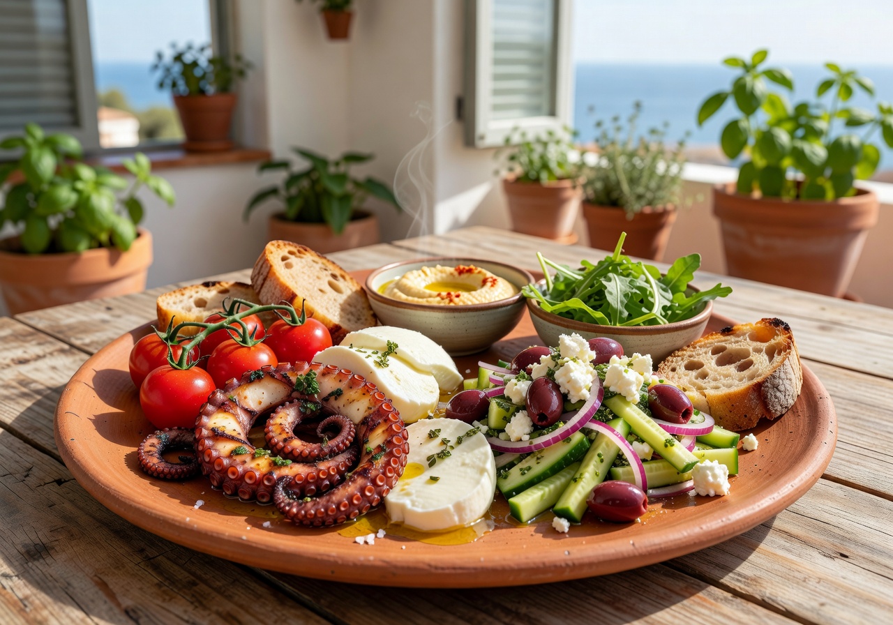 Gourmet Mediterranean dish with artistic plating and fresh ingredients