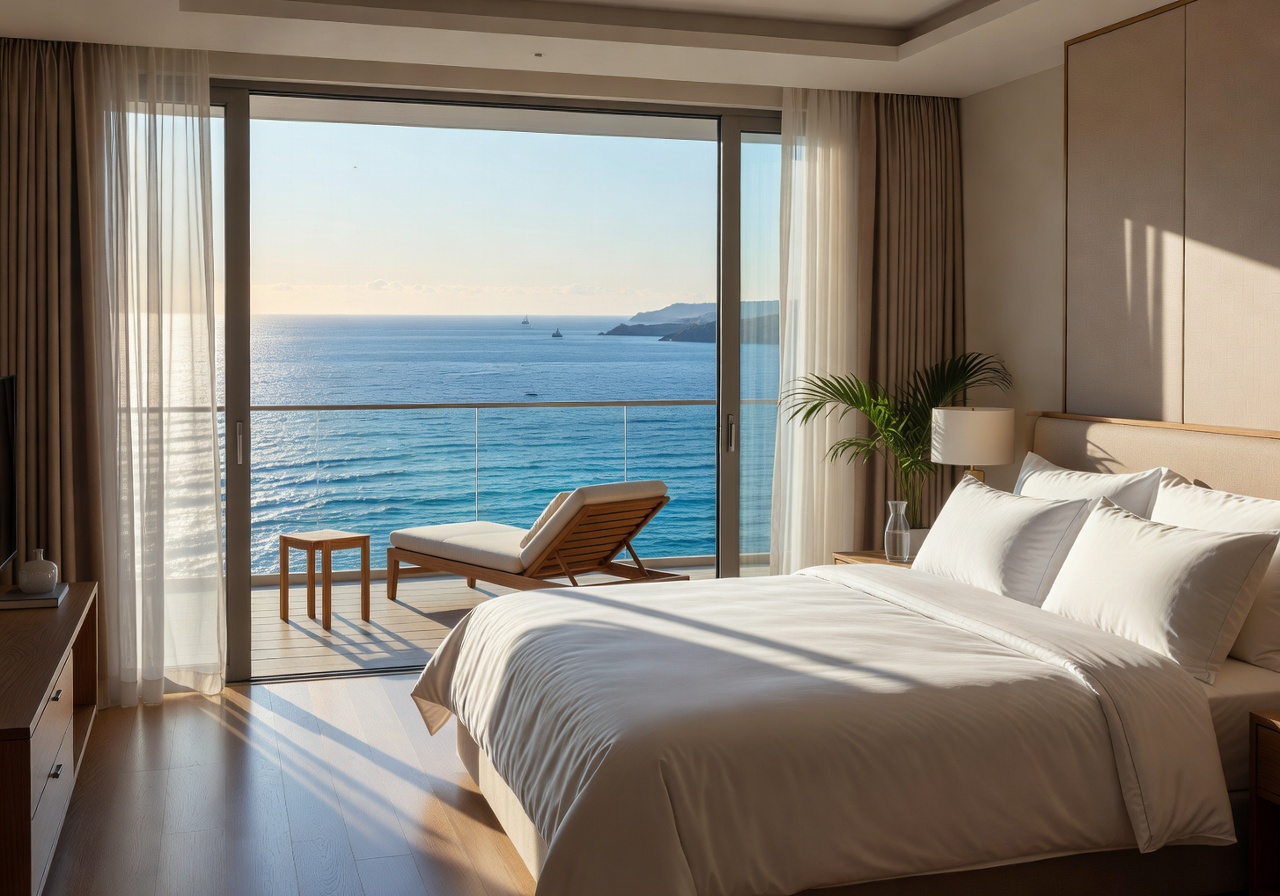 Deluxe sea view room with king bed, private balcony and panoramic ocean views