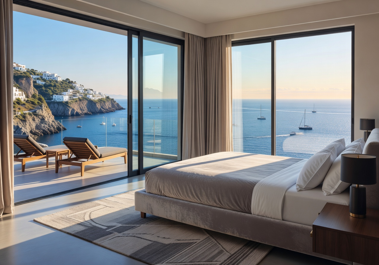 Deluxe sea view room with panoramic Mediterranean views and modern furnishings