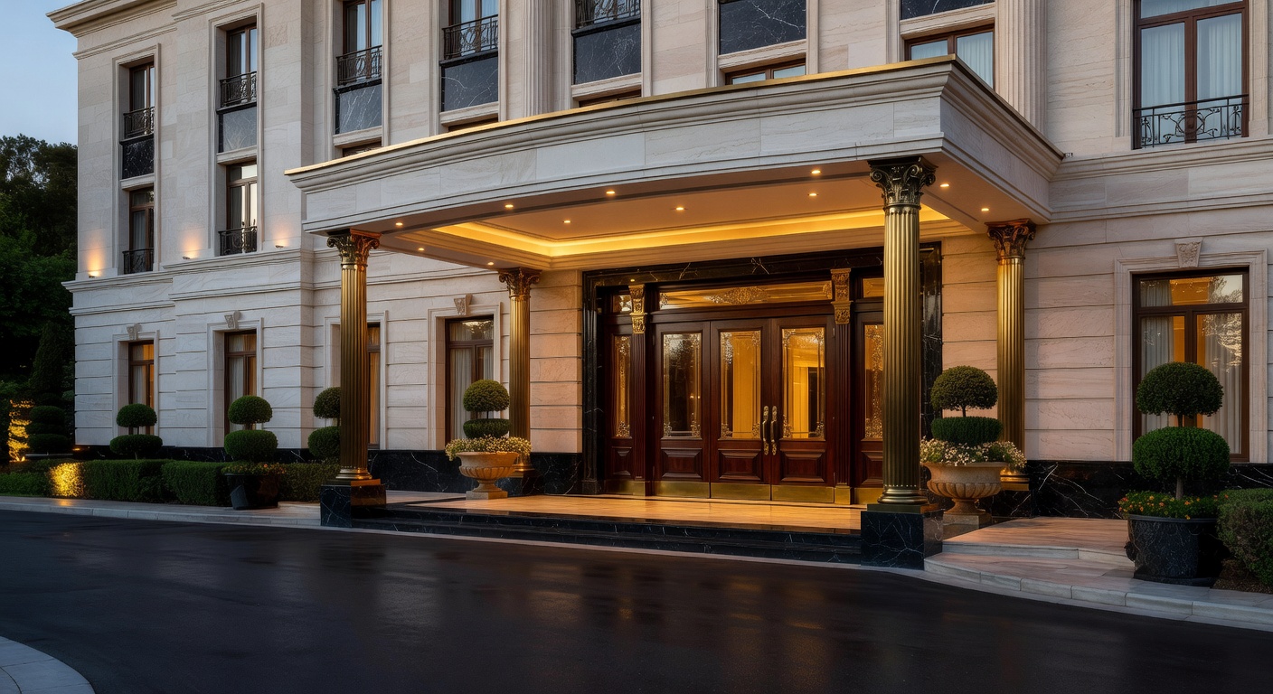 Luxurious hotel entrance with evening lighting and red carpet