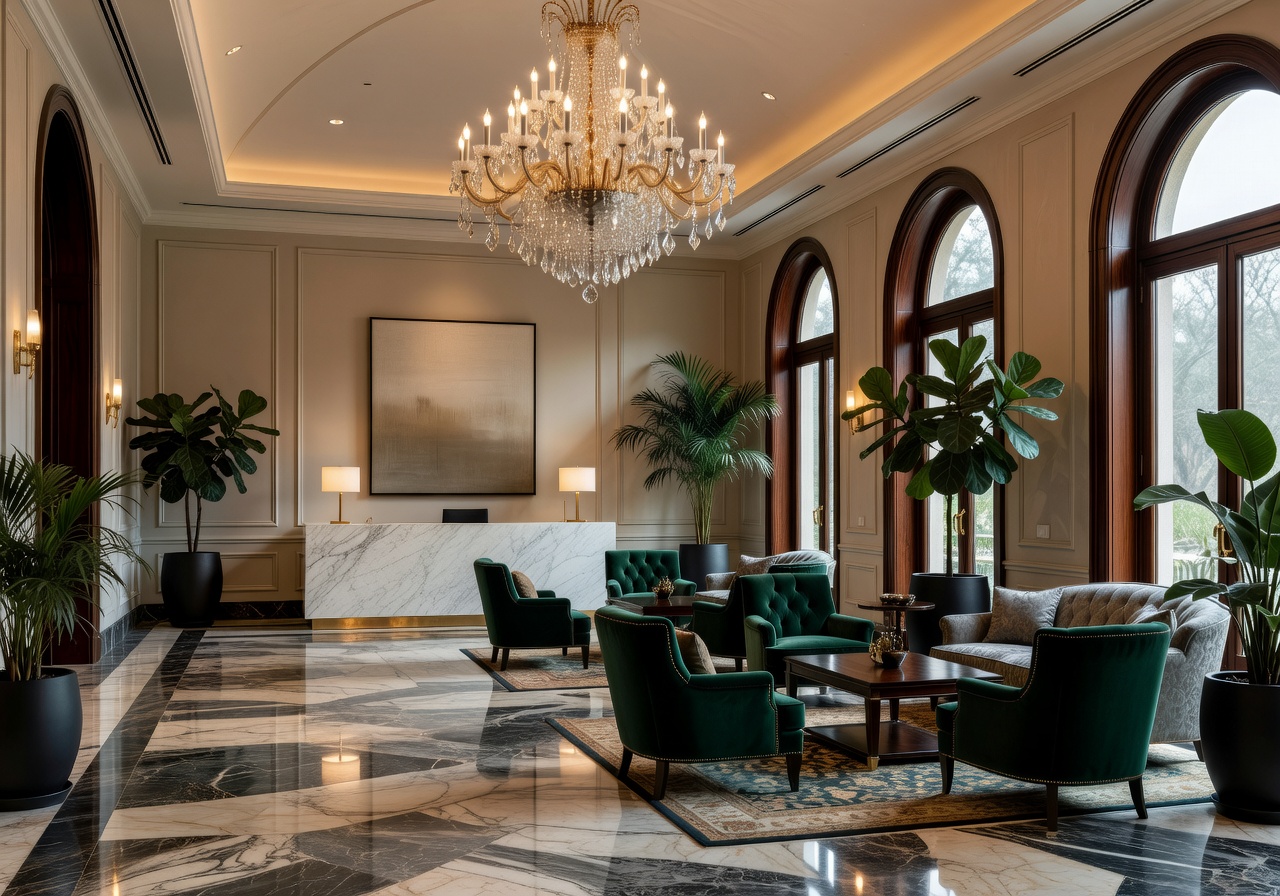 Elegant hotel lobby interior with crystal chandelier and marble floors