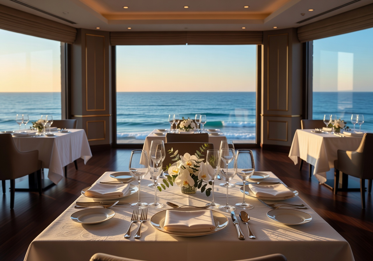 Fine dining restaurant with sea view and elegant table settings
