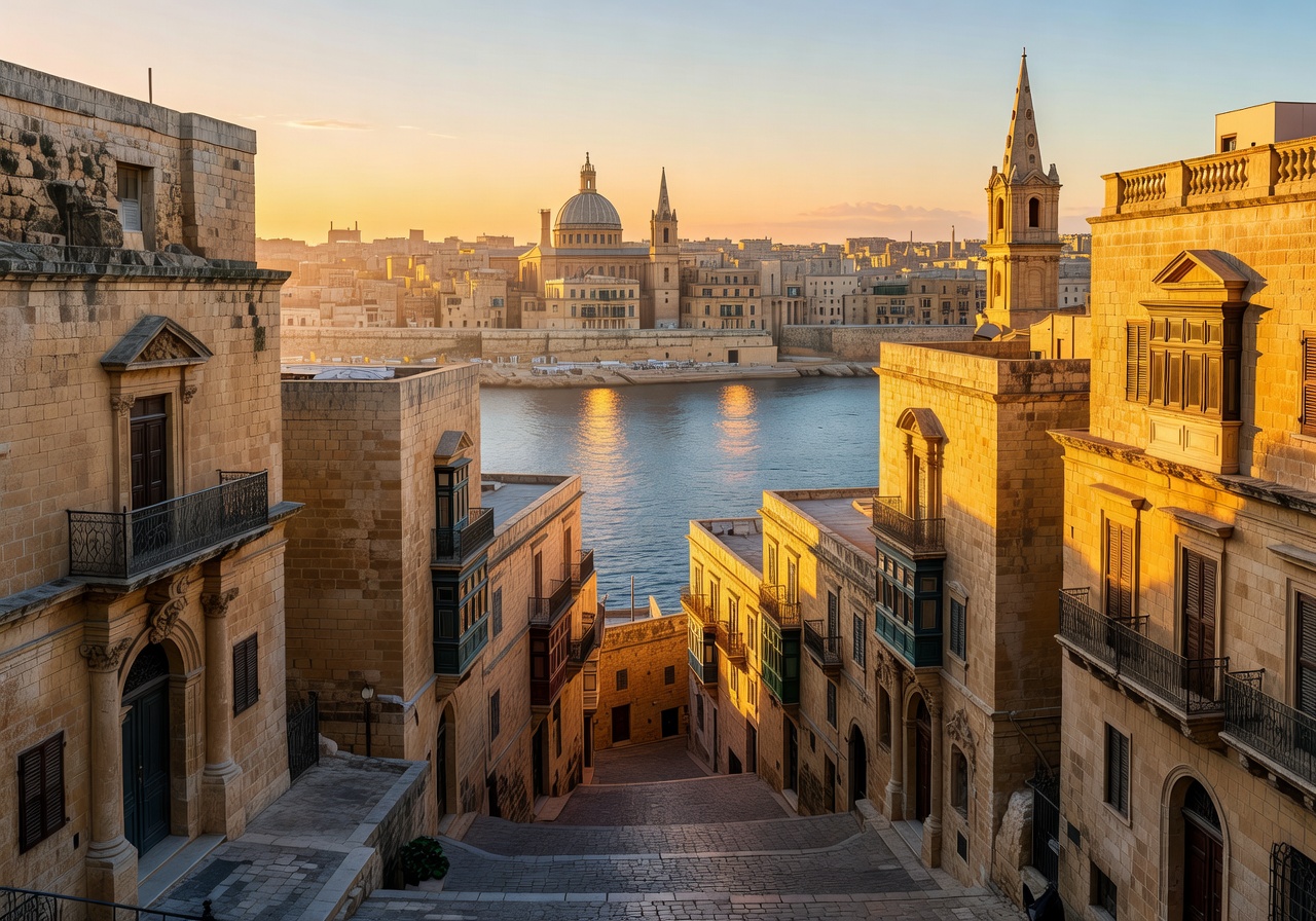 Golden city of Valletta Malta with historic limestone buildings