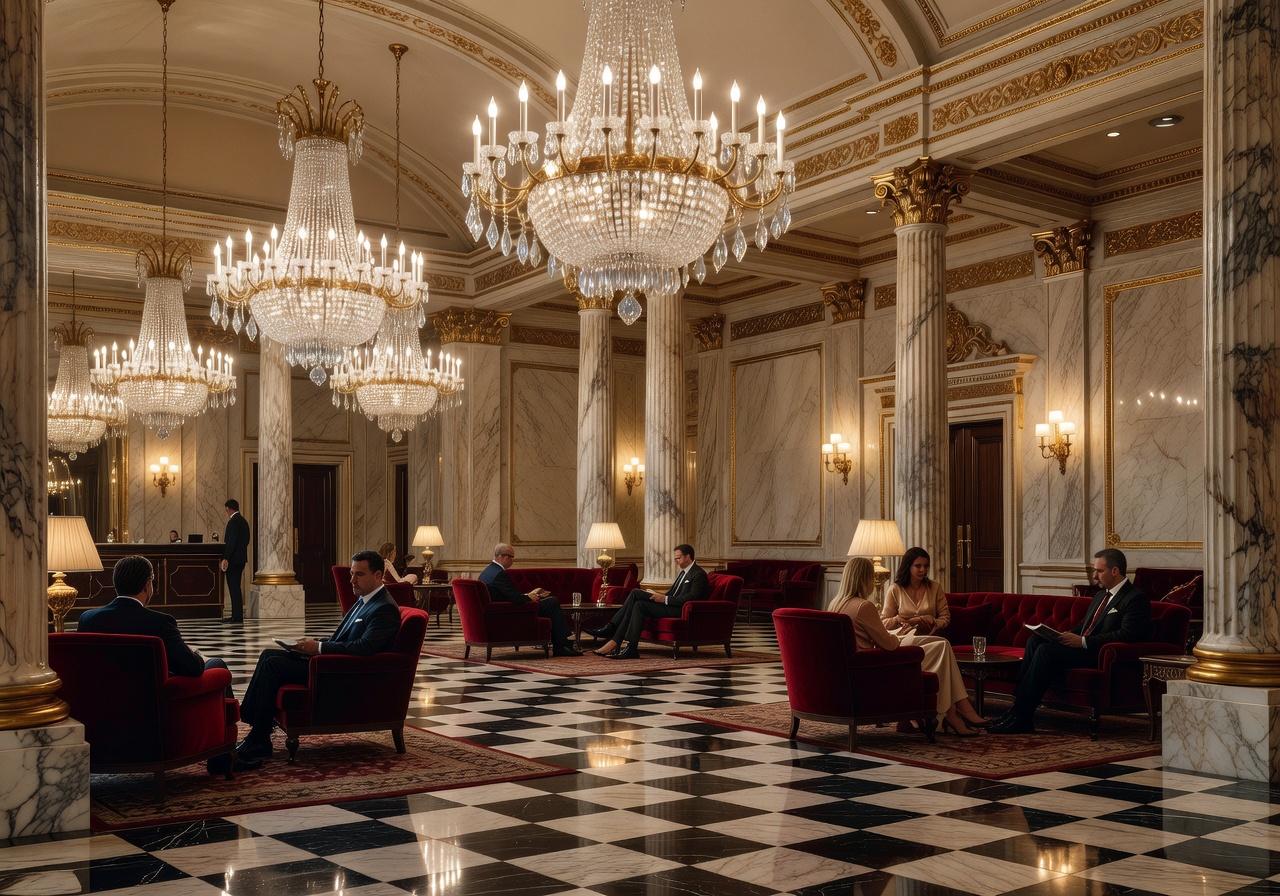 Grand hotel lobby with crystal chandeliers and marble floors
