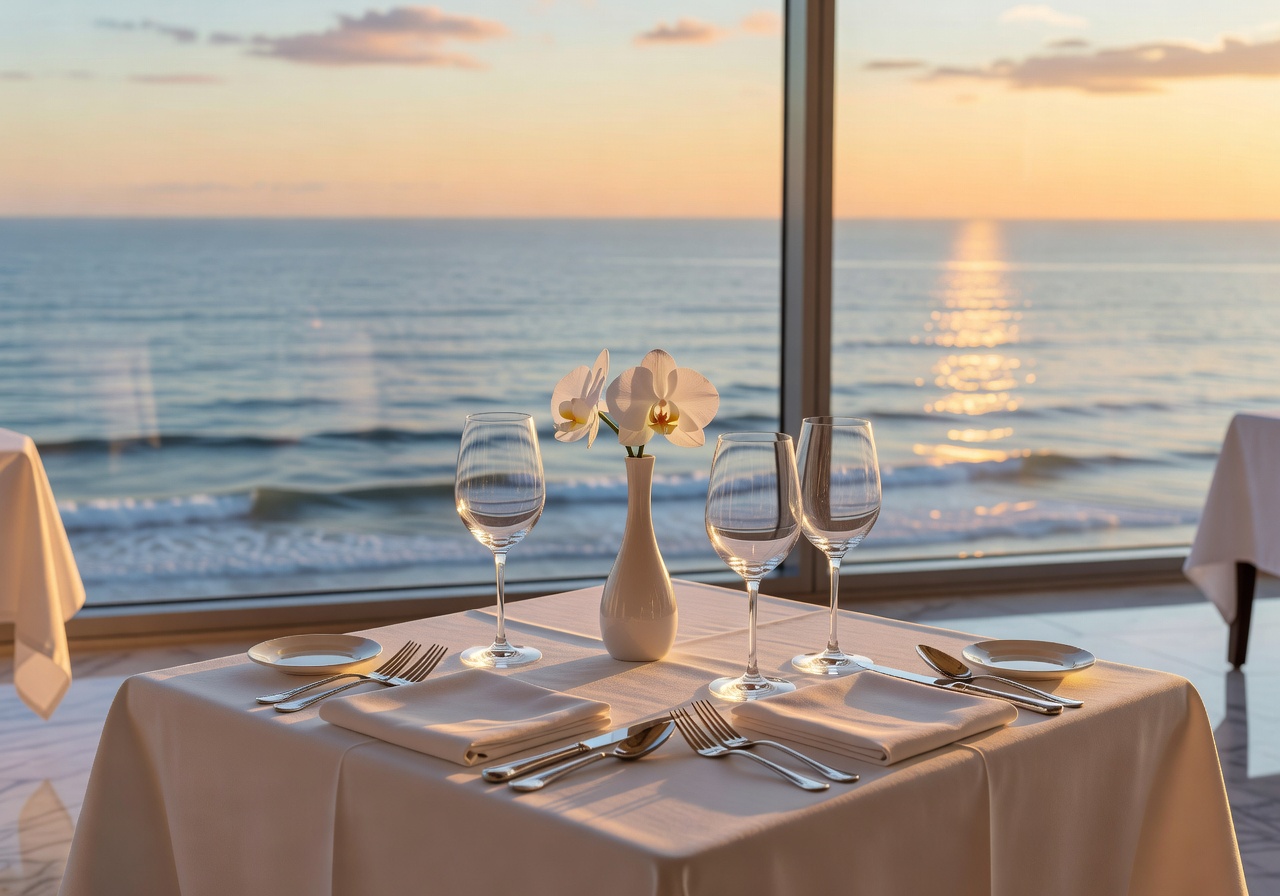 Hotel restaurant with elegant table setting and ocean view