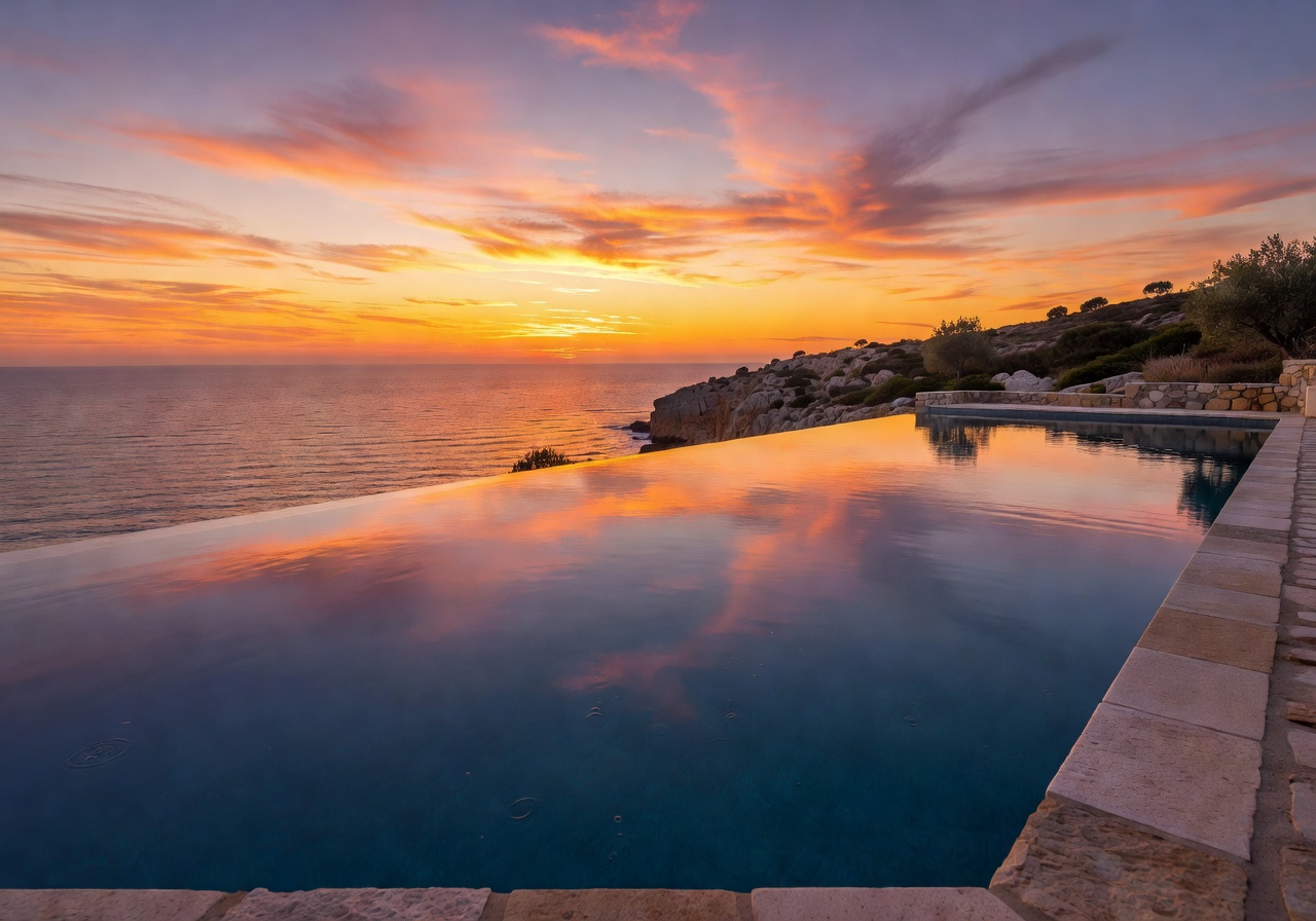 Infinity pool merging with Mediterranean horizon at sunset