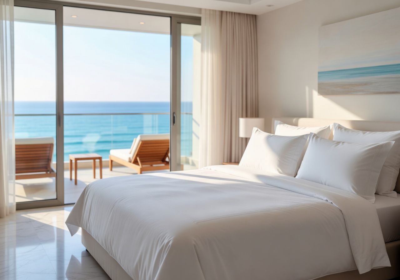 Luxurious hotel bedroom with white linens and sea view balcony
