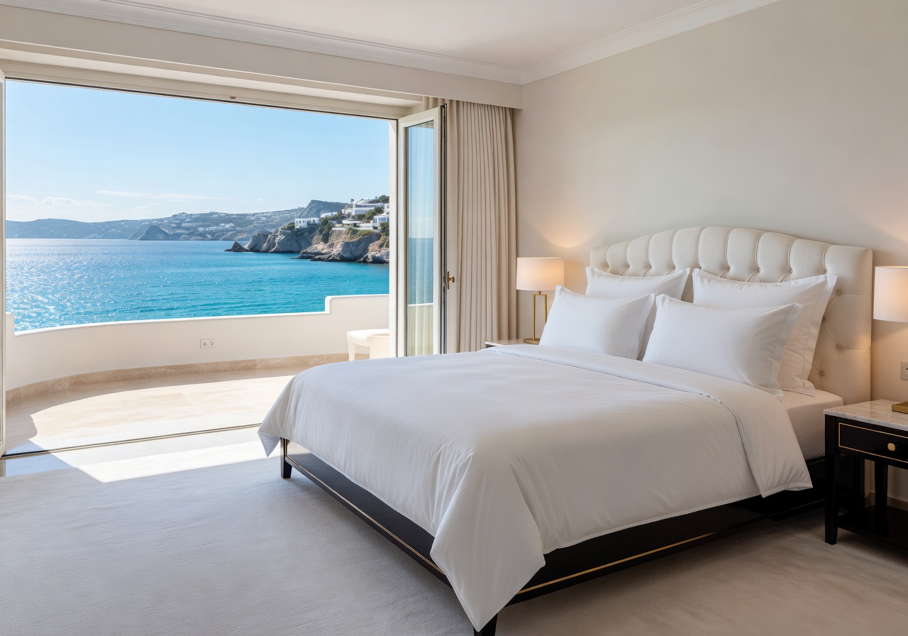 Luxury hotel bedroom with white king bed and Mediterranean balcony view