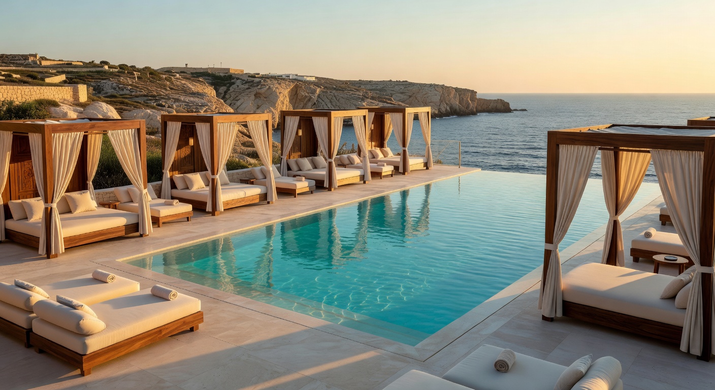 Luxury hotel pool area with cabanas at golden hour in Malta