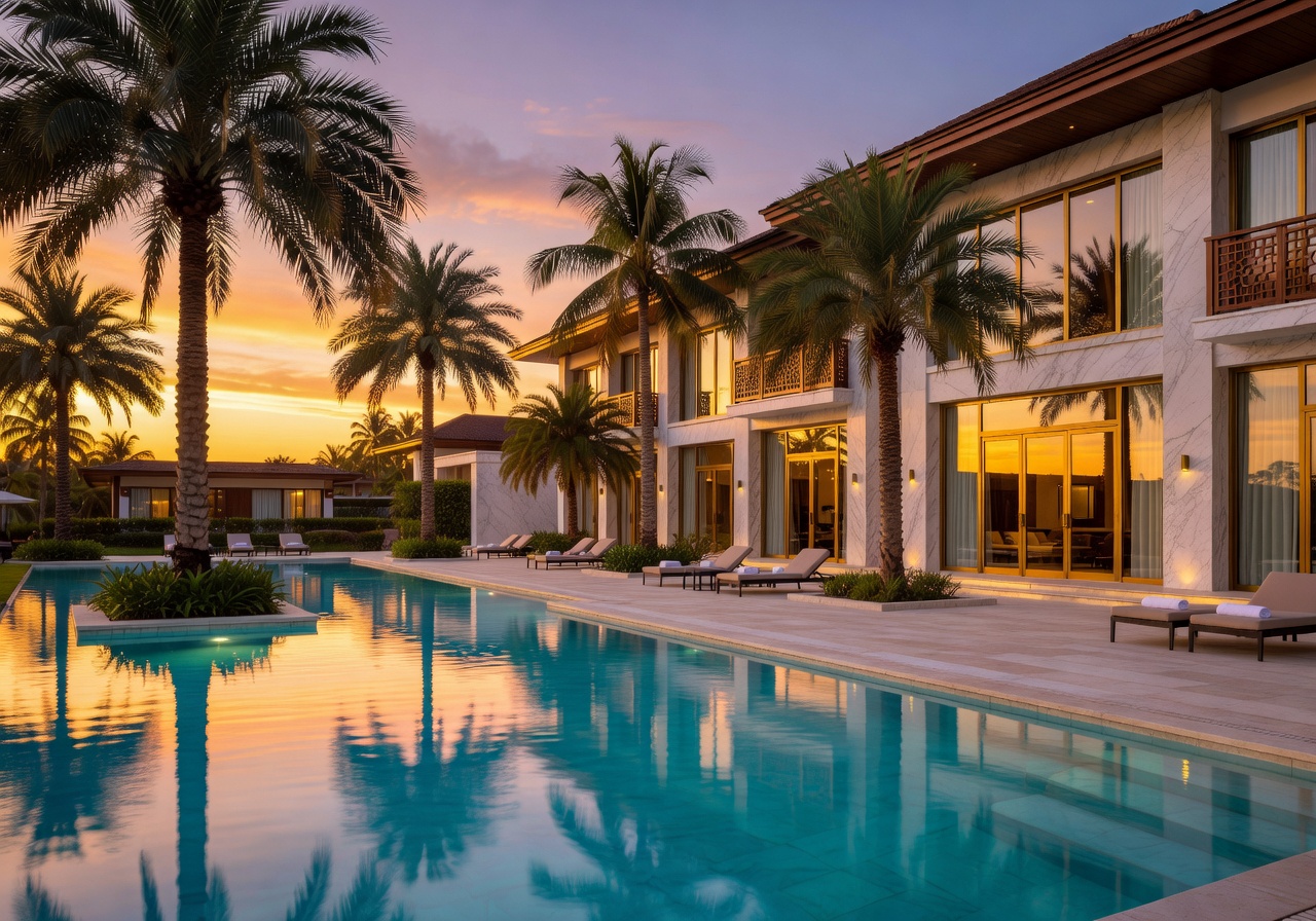 Luxury hotel resort exterior with palm trees and pool at sunset