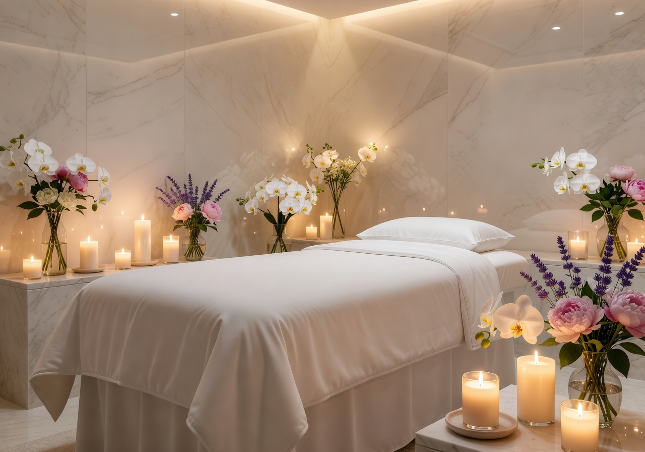 Luxury hotel spa treatment room with candles and flowers