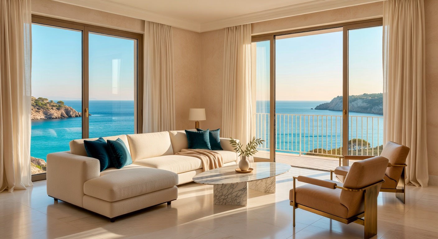 Luxury hotel suite interior with Mediterranean sea view and elegant furnishings