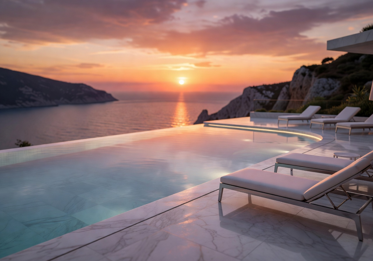Luxury infinity pool overlooking the Mediterranean sea at sunset