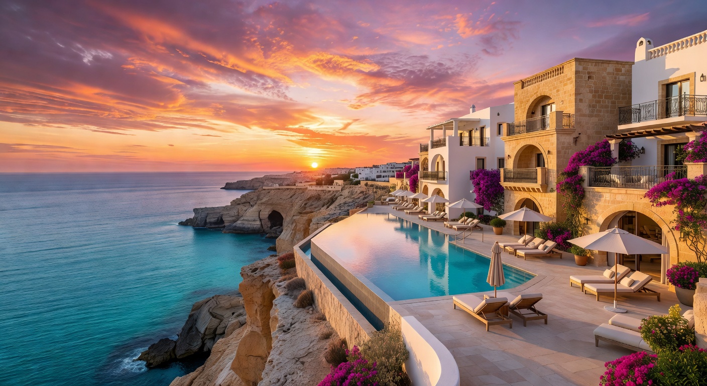 Luxury Mediterranean hotel resort with stunning sea view in Malta at sunset