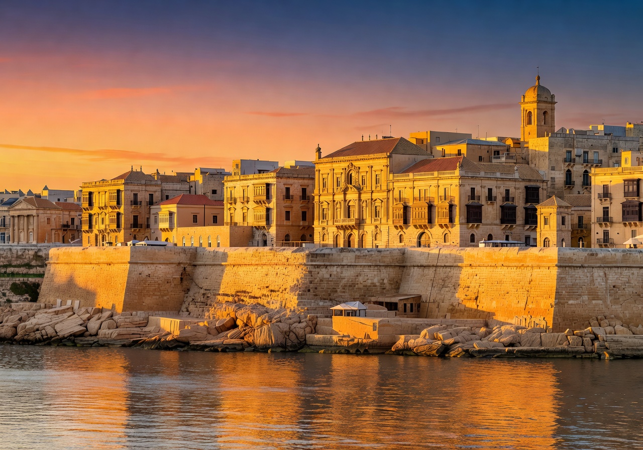 Malta historic golden city of Valletta at golden hour
