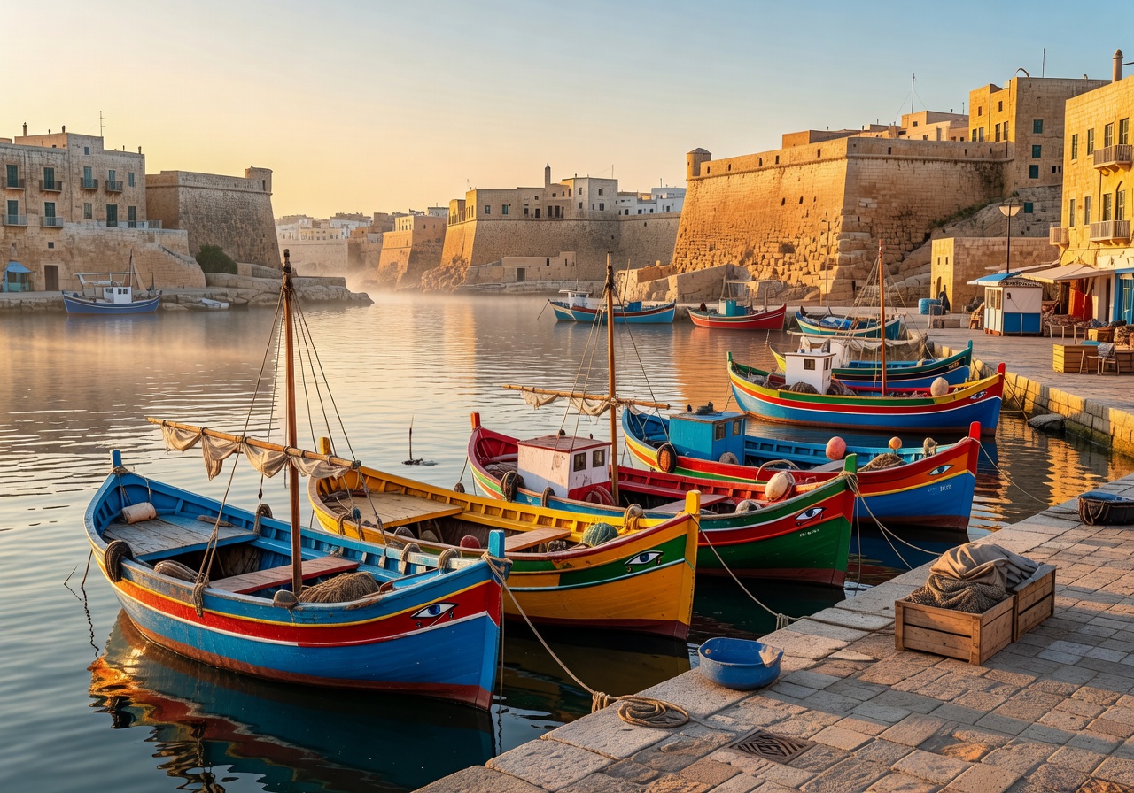 Malta harbour with traditional colorful boats and historic buildings