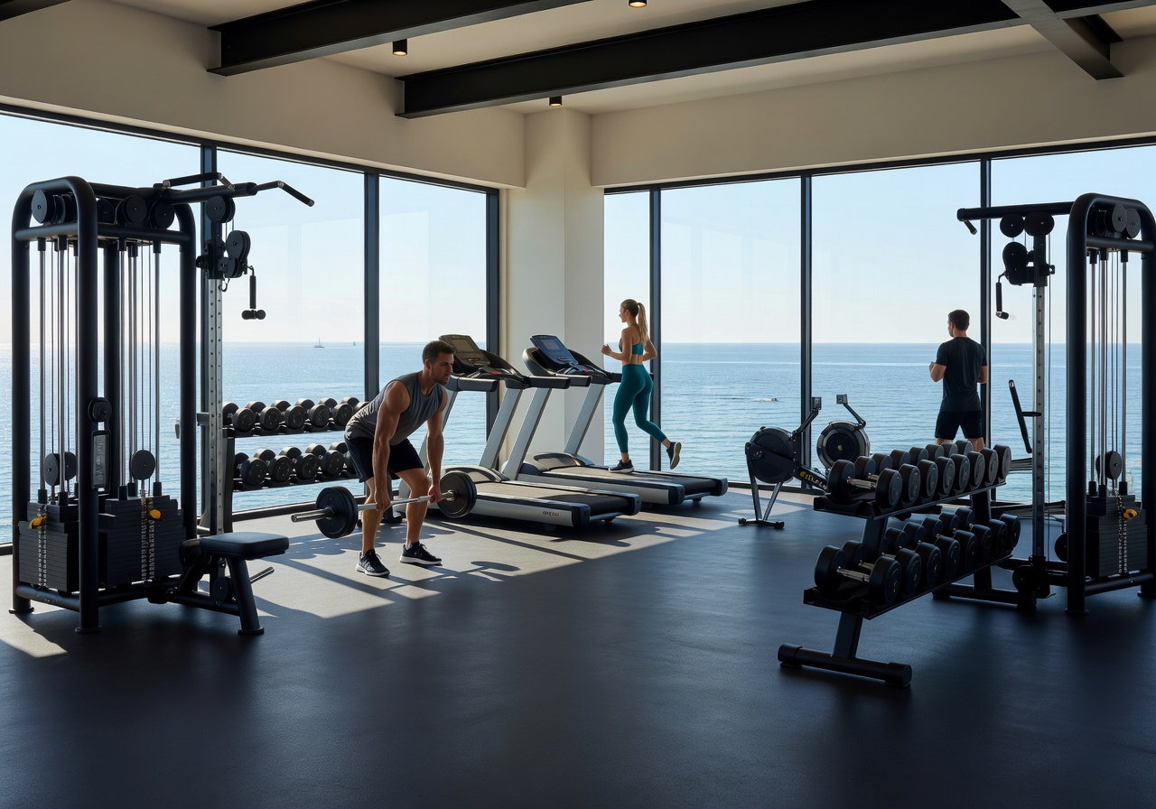 Modern fitness centre with sea view and state-of-the-art equipment