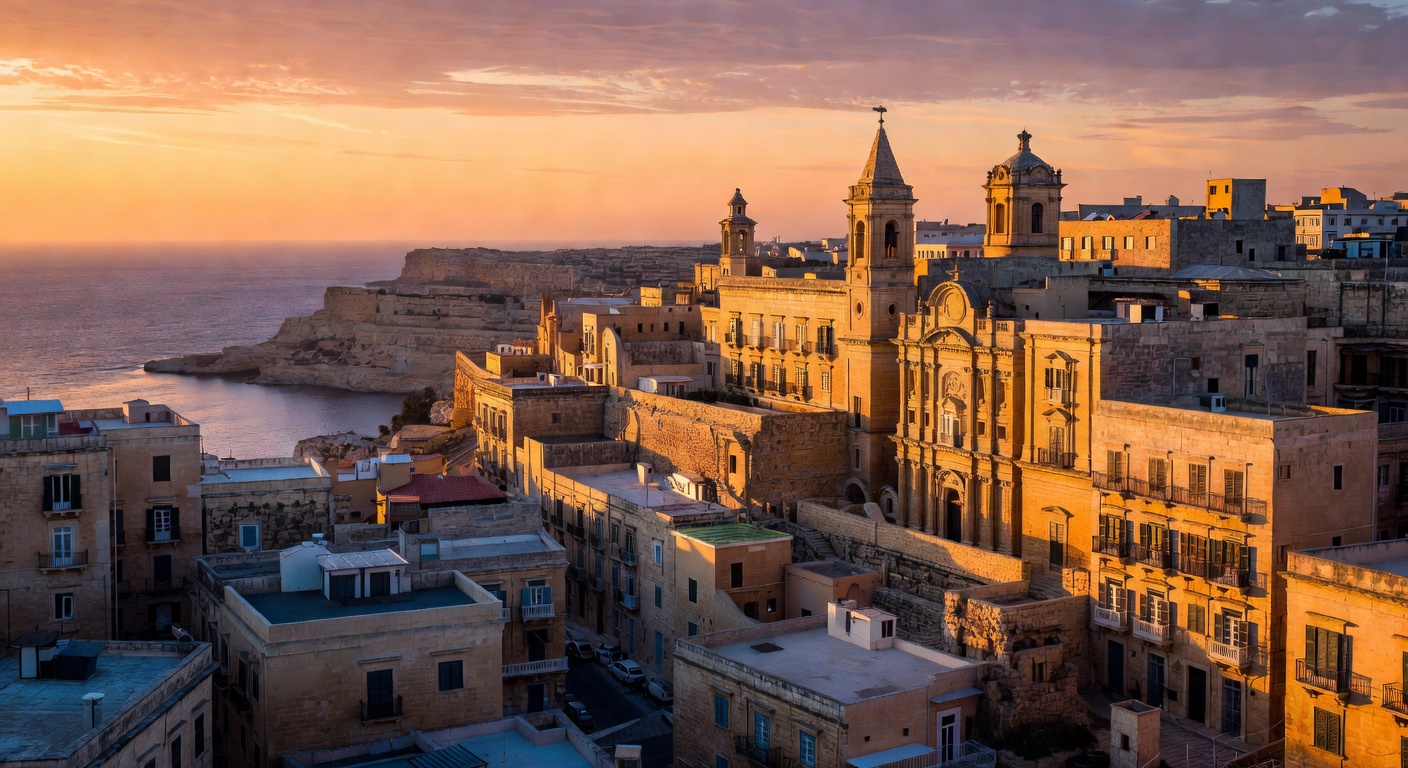Panoramic view of historic Valletta Malta at golden hour