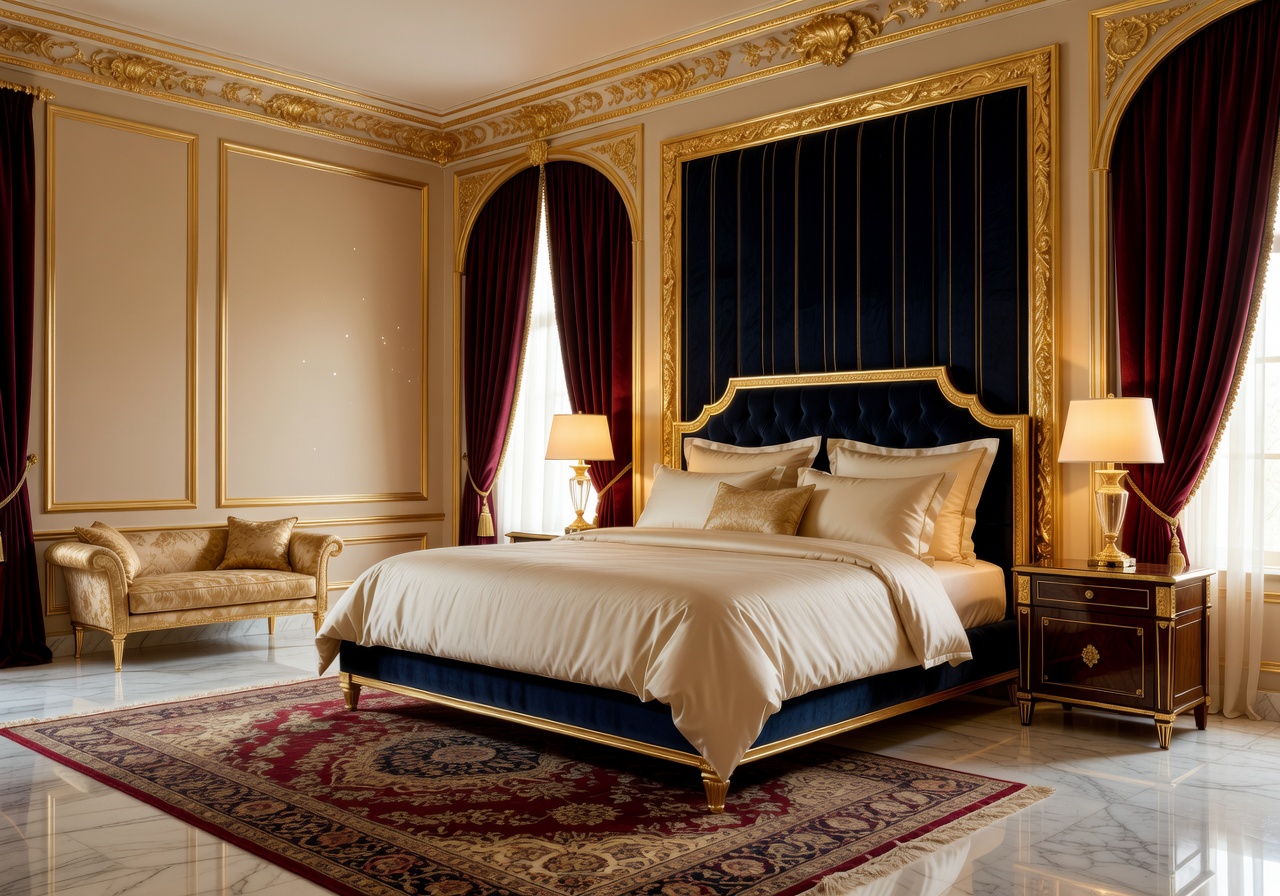 Presidential suite with grand bedroom featuring gold accents and luxury furnishings