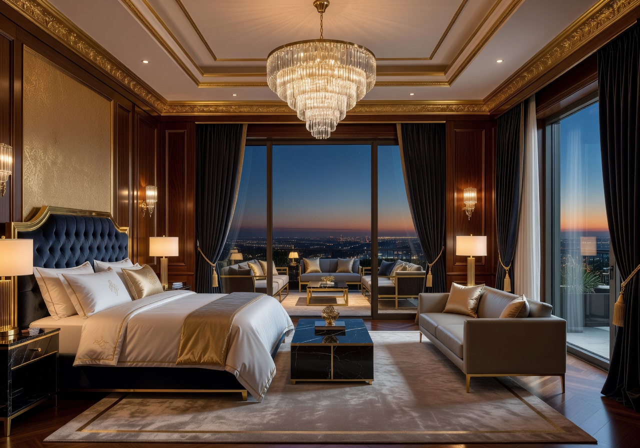 Presidential suite grand bedroom with gold accents, designer furniture and rooftop access