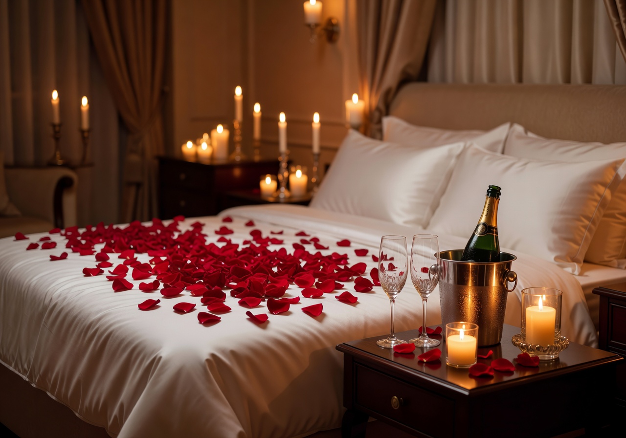 Romantic honeymoon suite with rose petals, champagne and candlelit ambiance