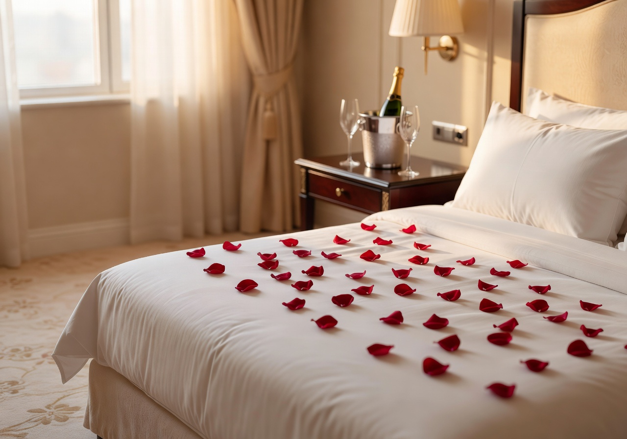 Romantic hotel suite with rose petals and champagne for honeymoon