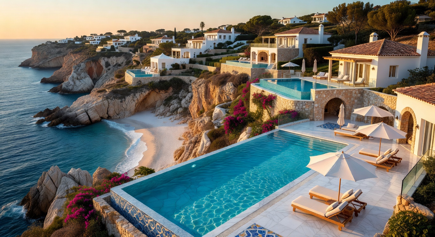 Stunning aerial view of luxury pool and Mediterranean coastline
