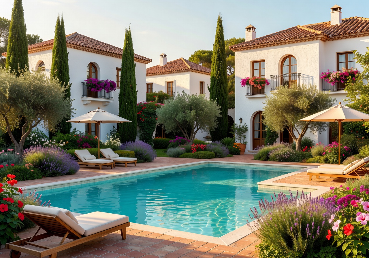 Stunning hotel pool area with Mediterranean architecture and lush gardens