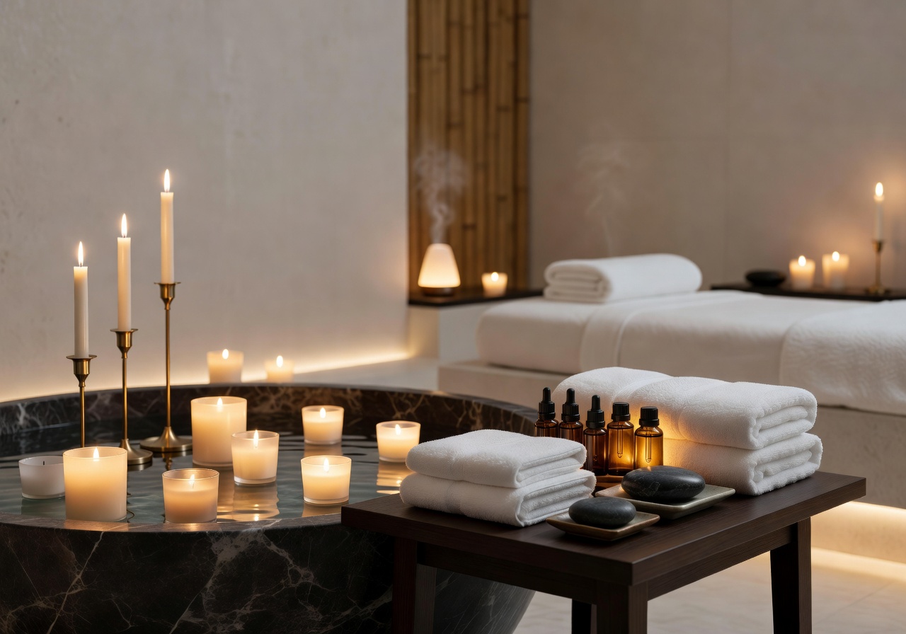 Spa treatment room with candles, flowers and relaxation ambiance